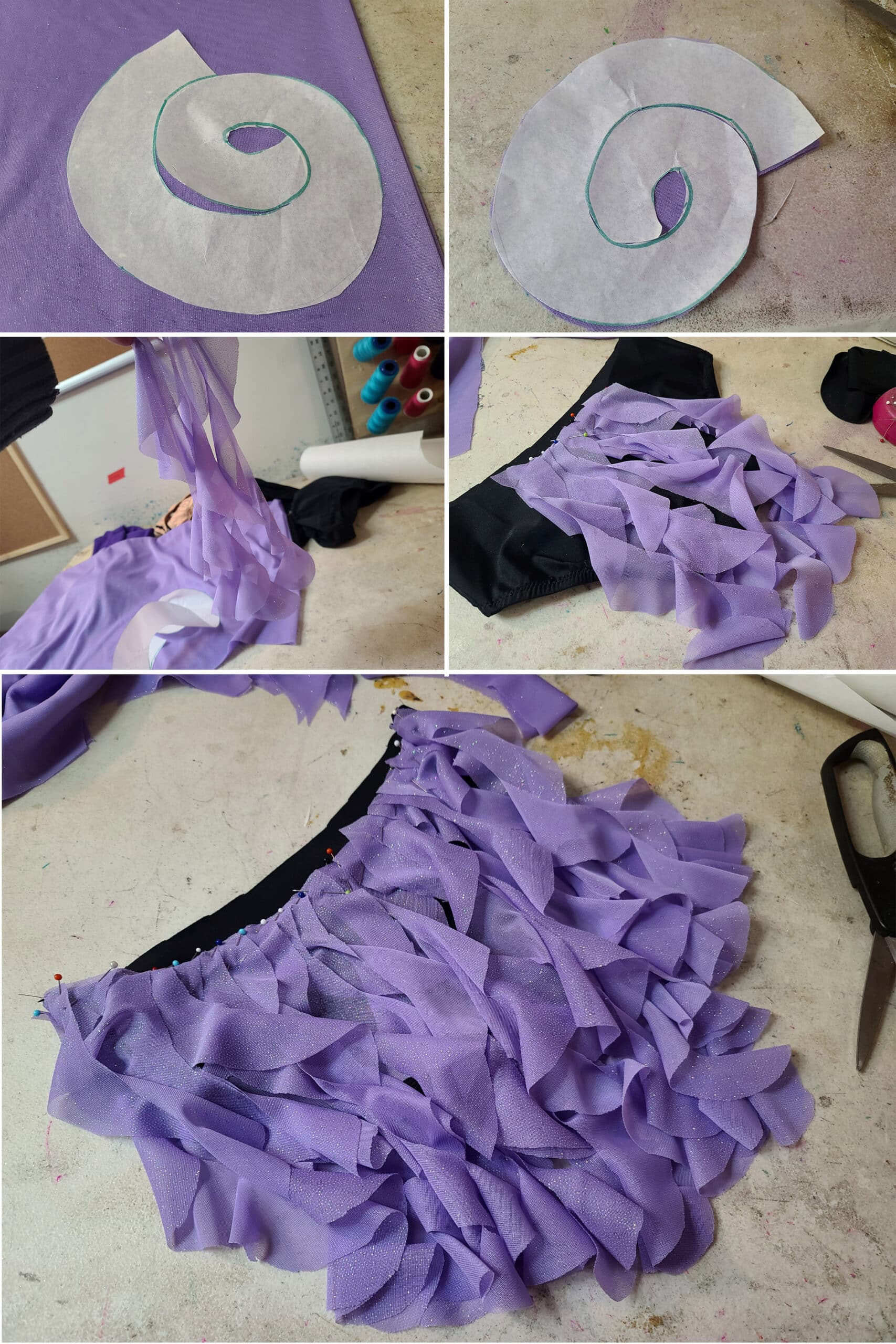 5 part image showing lavender spirals being cut from stretch mesh and pinned in place on black briefs,