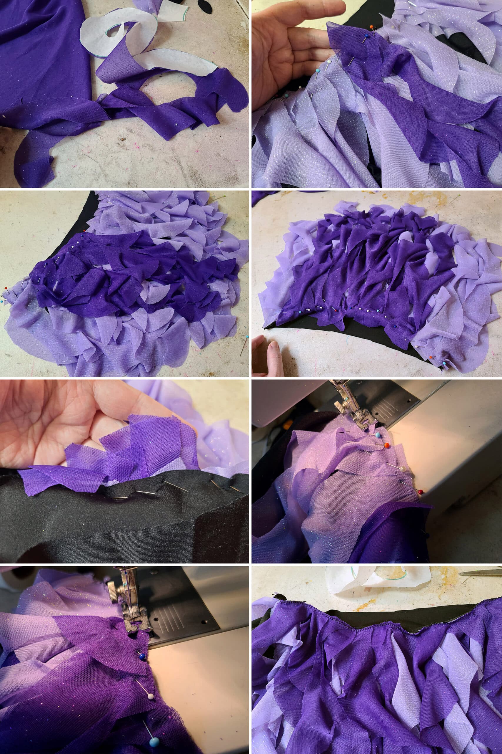 8 part image showing purple spirals being pinned and sewn on top of the lavender mesh spirals.