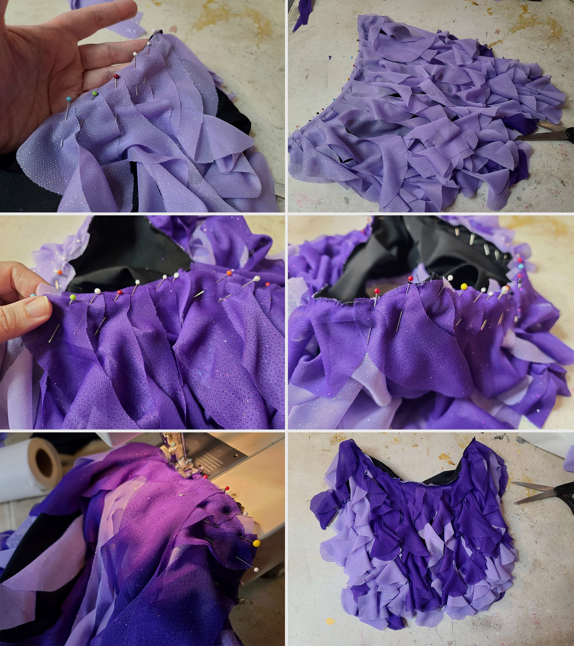 6 part image showing the lavender and purple spirals pinned in place on the briefs.