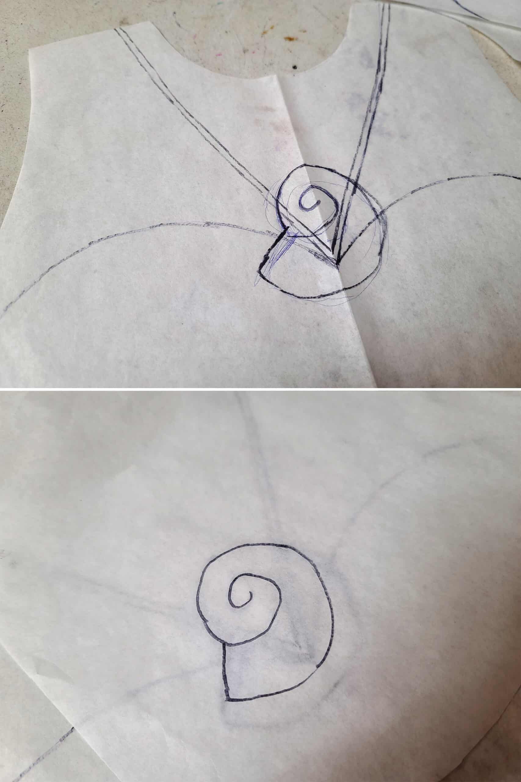 2 part image showing a shell design being drawn on the base pattern, then traced onto a separate piece of paper.